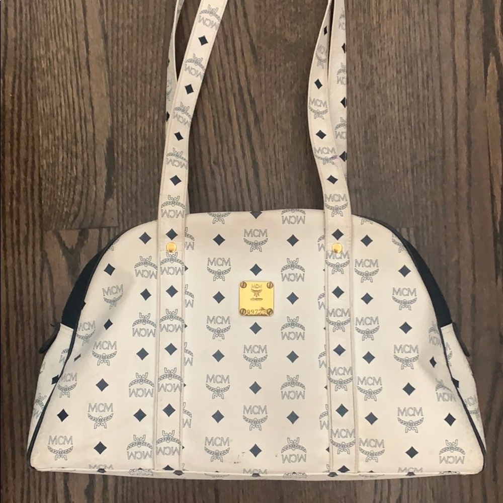 VINTAGE RARE MCM Bag White and Navy Bowling Purse